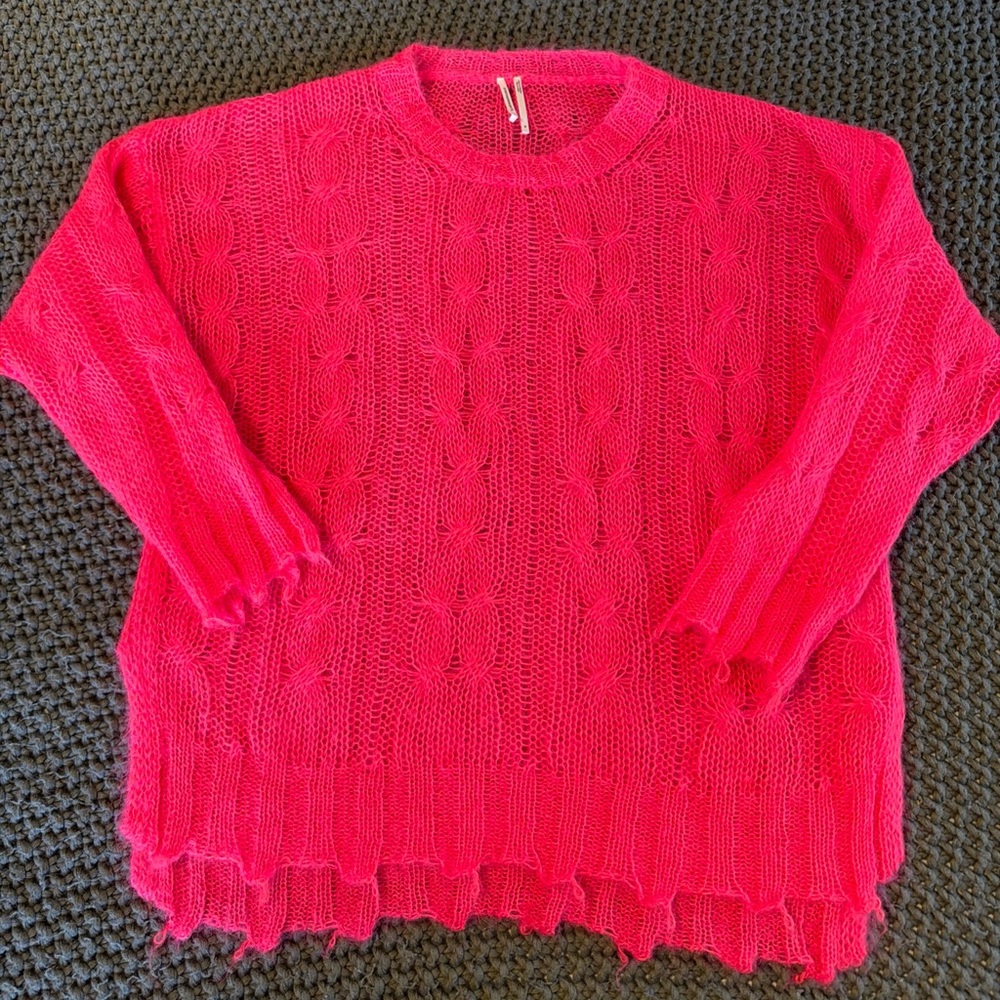 Anthropologie The Posey Stitchy Distressed Open Knit Pink Wool Sweater Wmn Sz XL